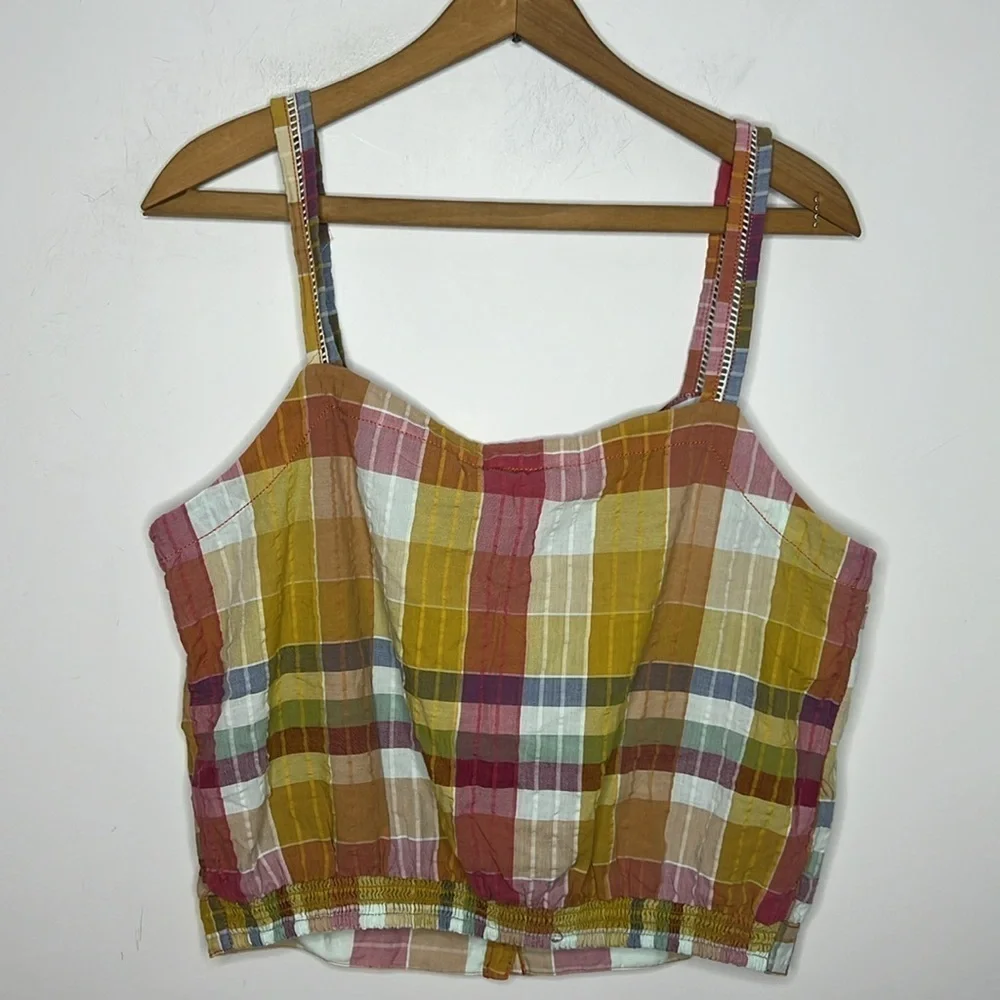 PILCRO Gingham Boho Plaid Button Down Cropped Smock Back Tank Top Blouse - Picture 11 of 14